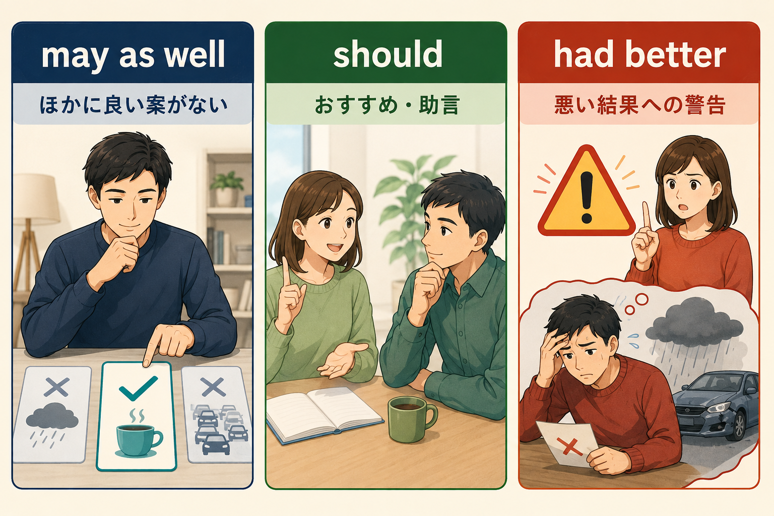 may as well・should・had betterのニュアンスを比較したイラスト