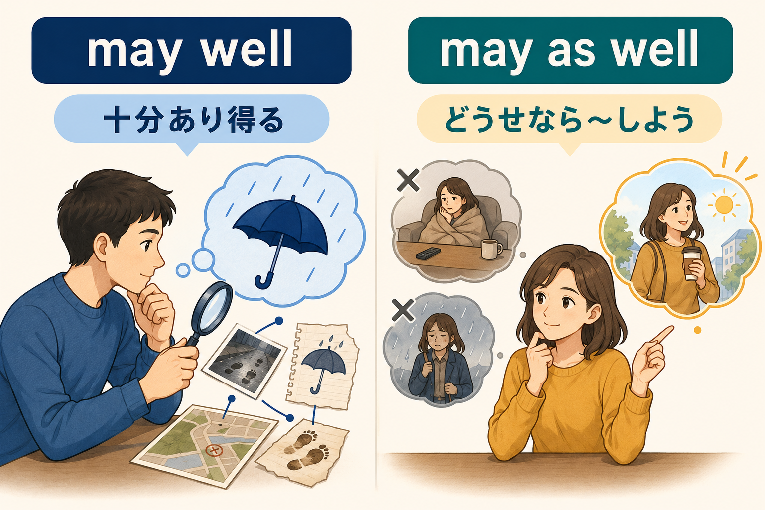 may wellとmay as wellの意味を比較したイラスト
