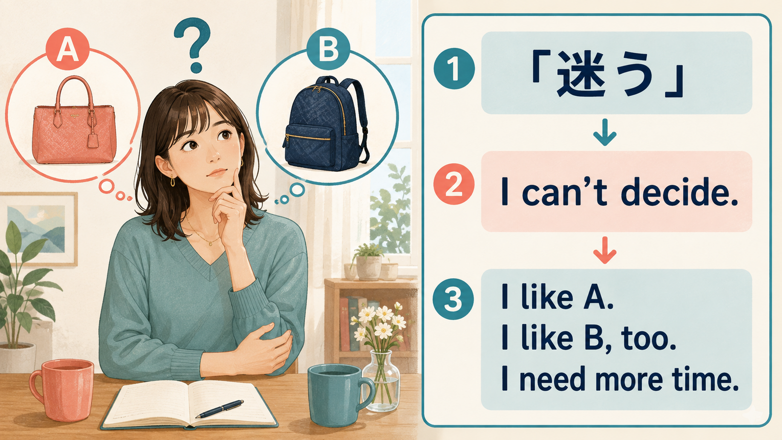 「迷う」をI can't decideと簡単な英語で説明する図