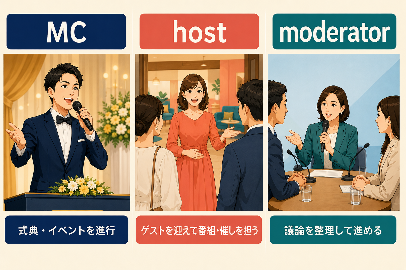 MC・host・moderatorの役割の違いを比較したイラスト