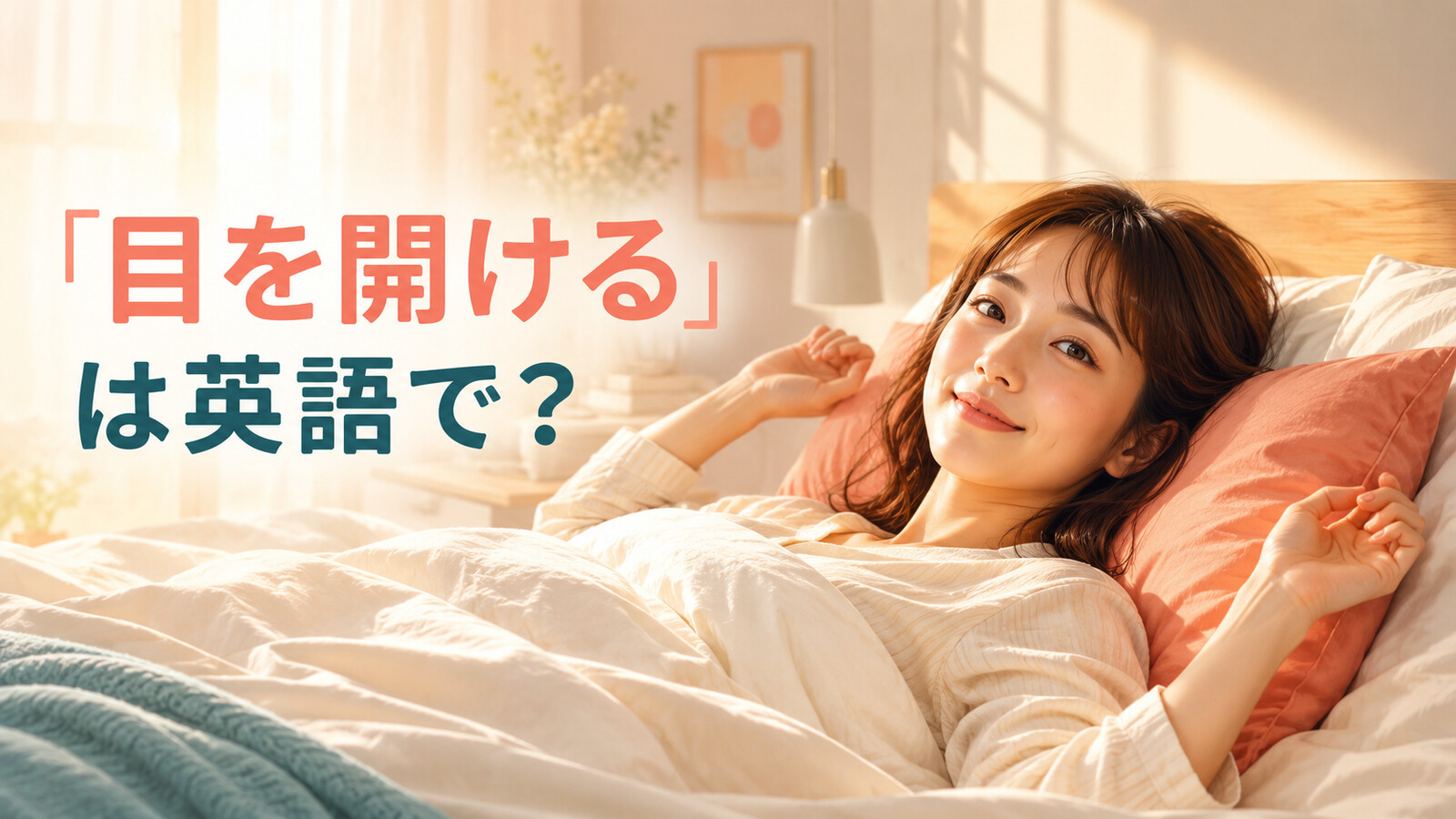 朝ベッドで両目を開ける女性と「目を開ける」は英語で？の文字