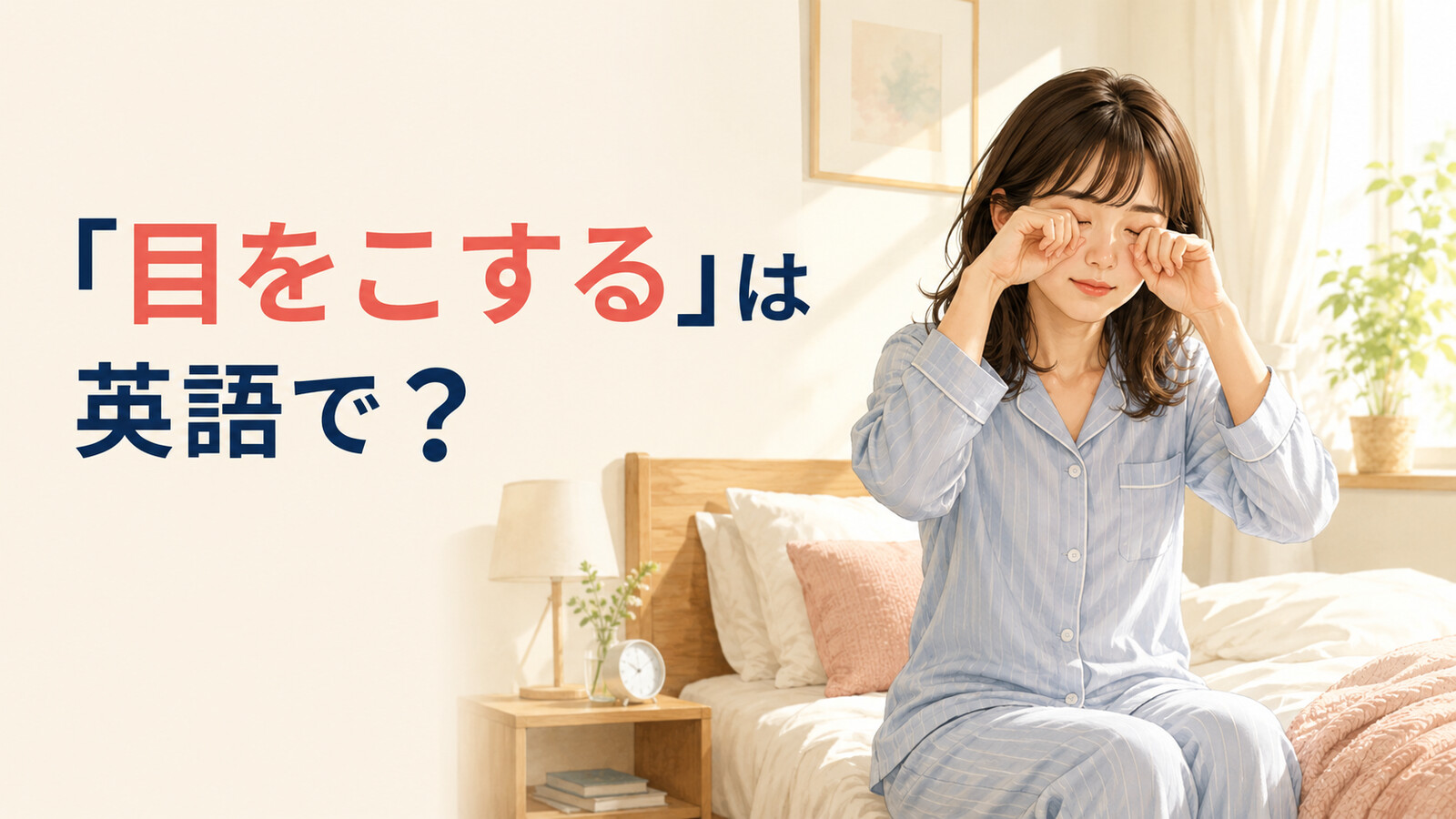 朝ベッドに座って両目をこする女性と「目をこする」は英語で?の文字