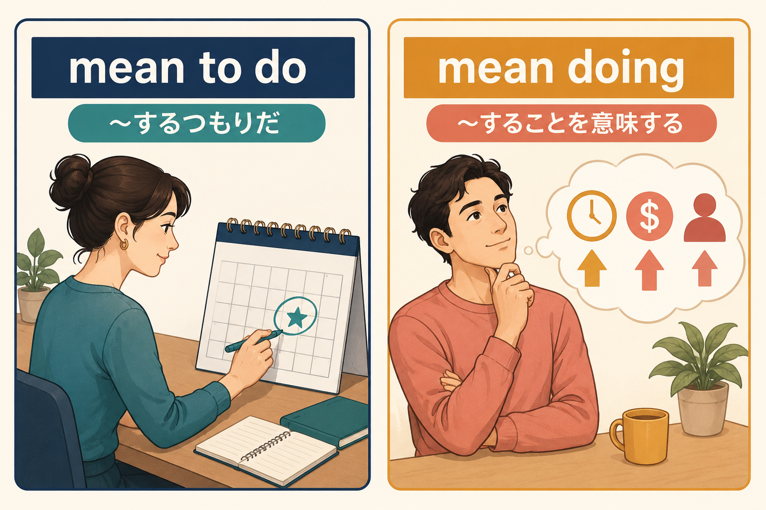 mean to doとmean doingの意味を比較したイラスト