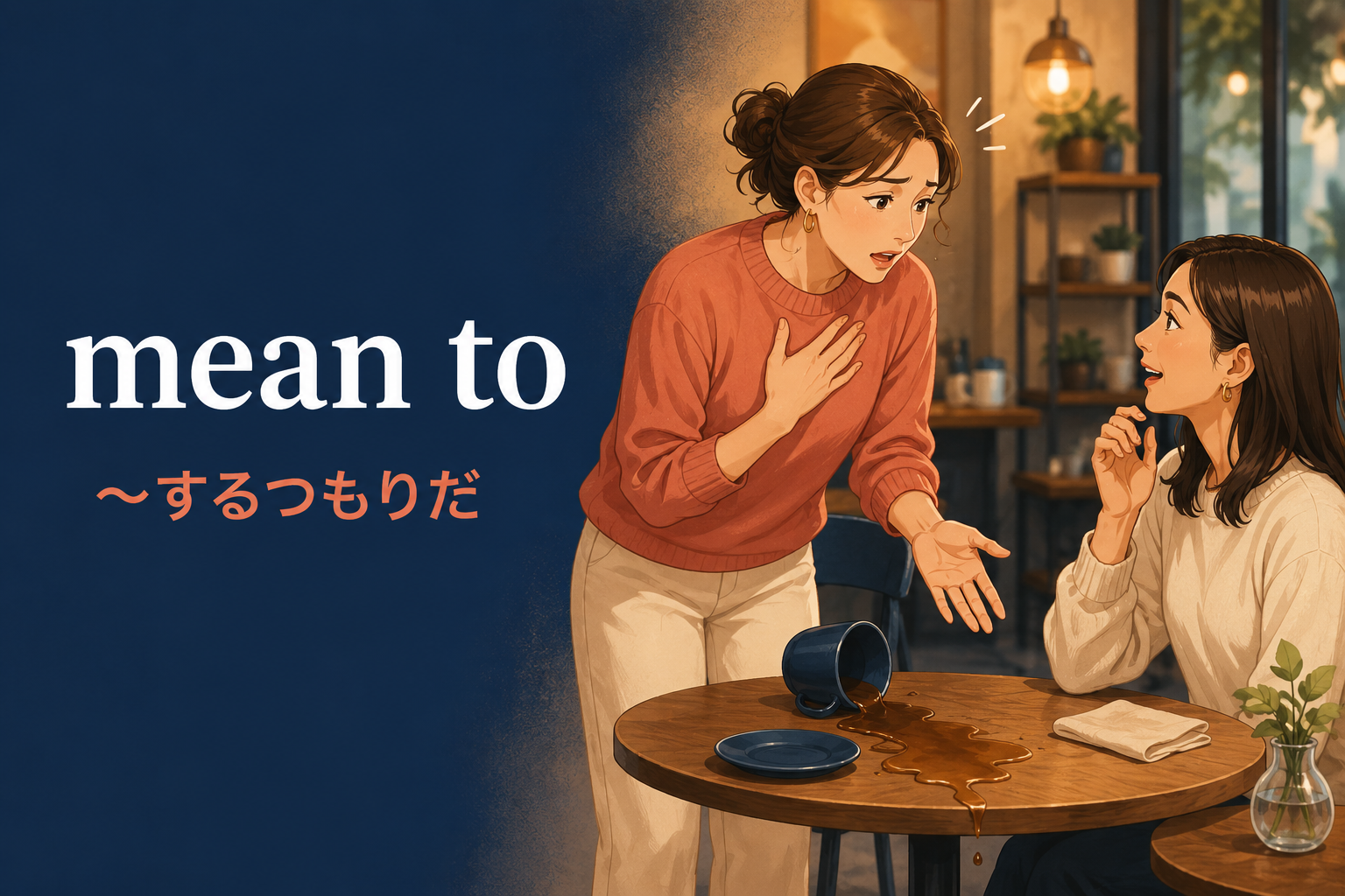 カフェでコーヒーをこぼして故意ではないと謝るmean toのイラスト