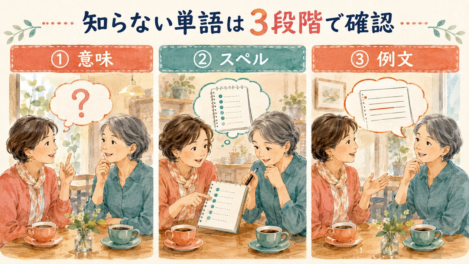 知らない英単語を意味・スペル・例文の3段階で確認するイラスト