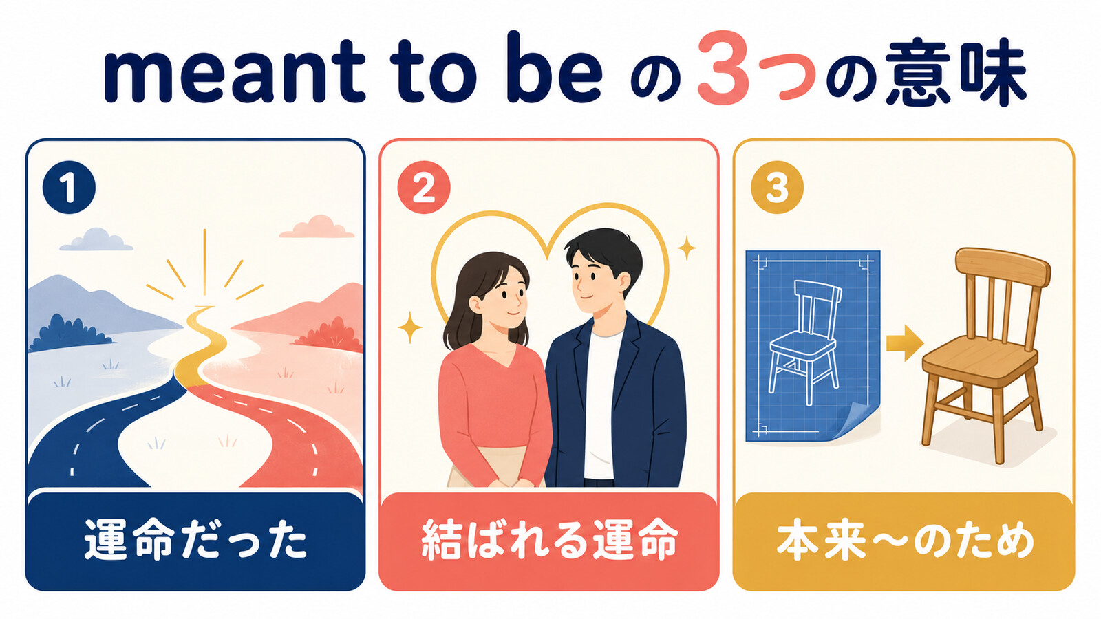 meant to beの運命だった・結ばれる運命・本来そのためという3つの意味を示す解説図
