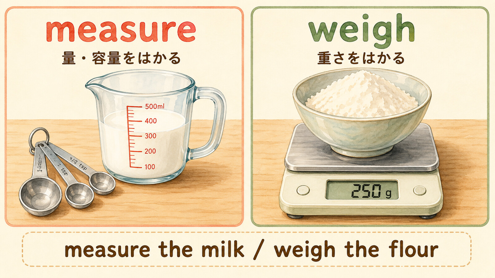 液体や容量をはかるmeasureと重さをはかるweighの違い