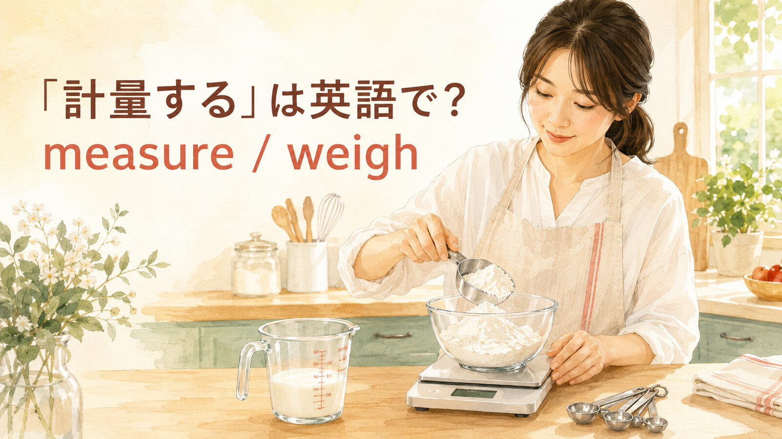 料理で材料を計量する女性とmeasure・weighのアイキャッチ