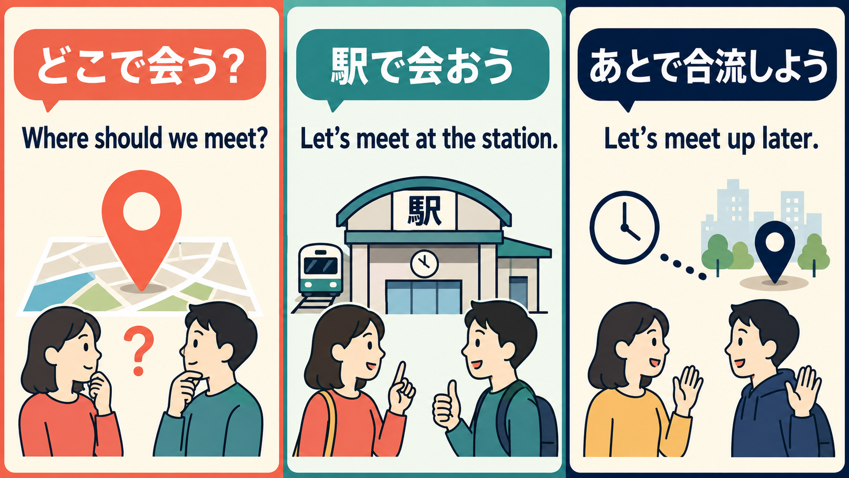 Where should we meet、Let’s meet at the station、Let’s meet up laterの使い分け
