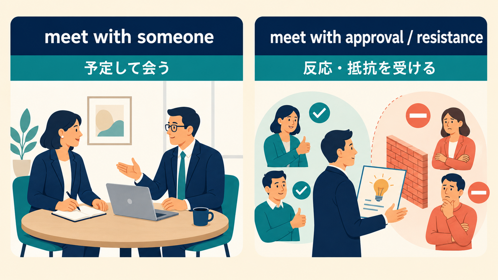 meet with someoneとmeet with approvalやresistanceの2つの用法を比較する図