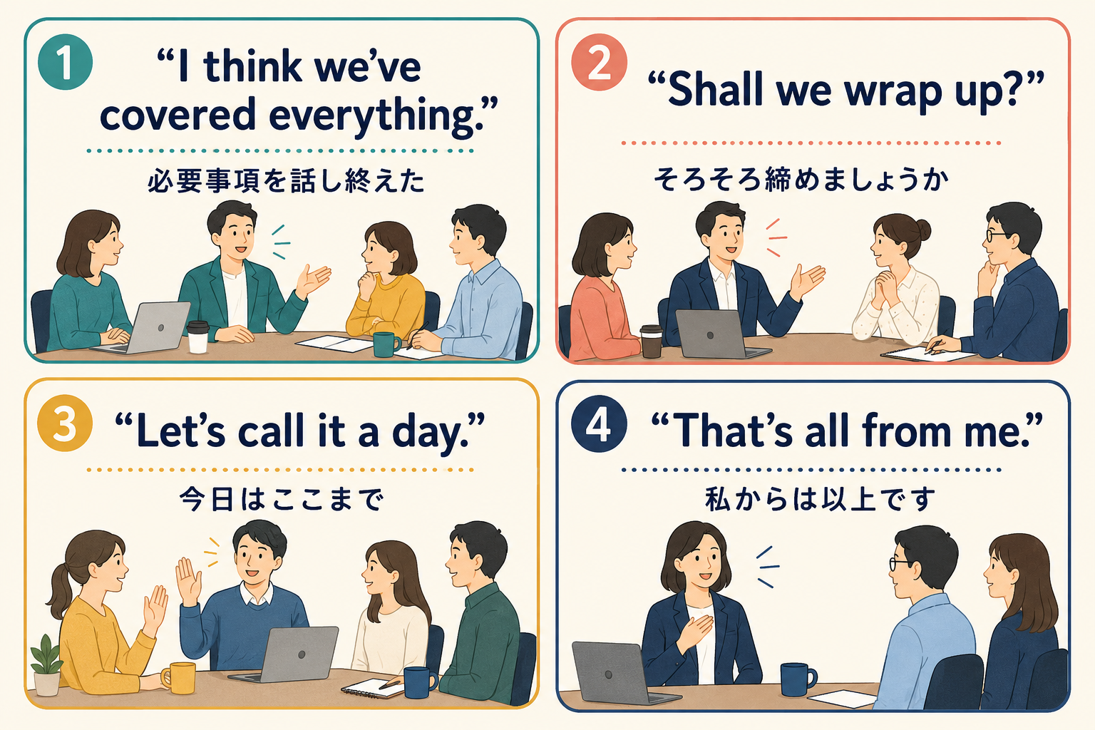 I think we’ve covered everything.など会議を締める4表現の比較
