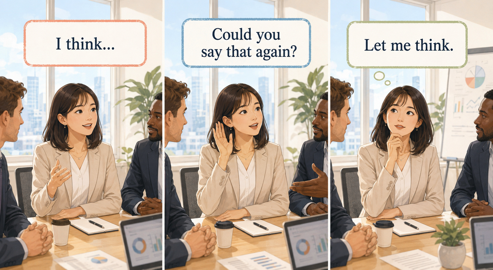 英語ミーティングで意見を言う・聞き返す・考える3つのフレーズ