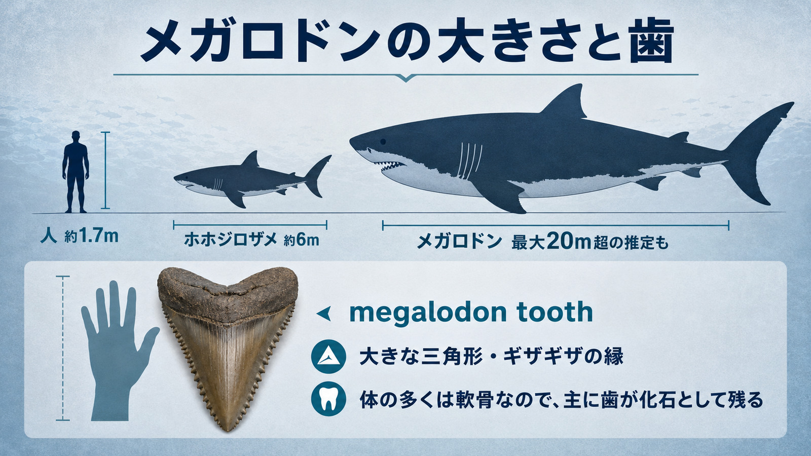 人・ホホジロザメ・メガロドンの大きさとメガロドンの歯を比較する図