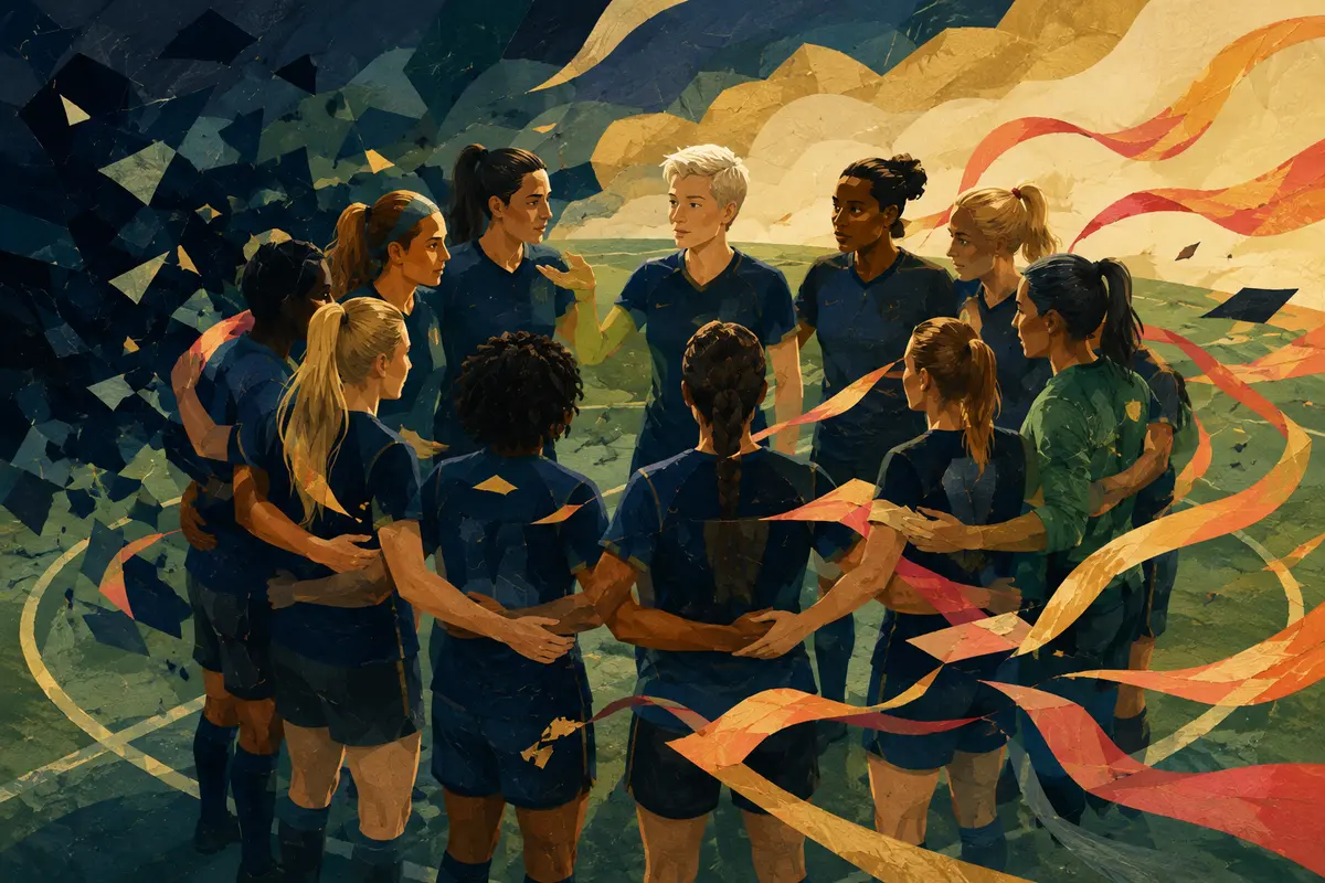 A diverse football team listening to one another in a circle