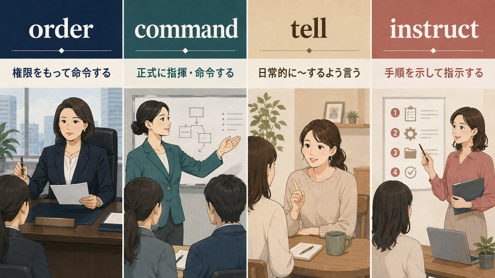 order・command・tell・instructの意味と使い分けを4場面で比較