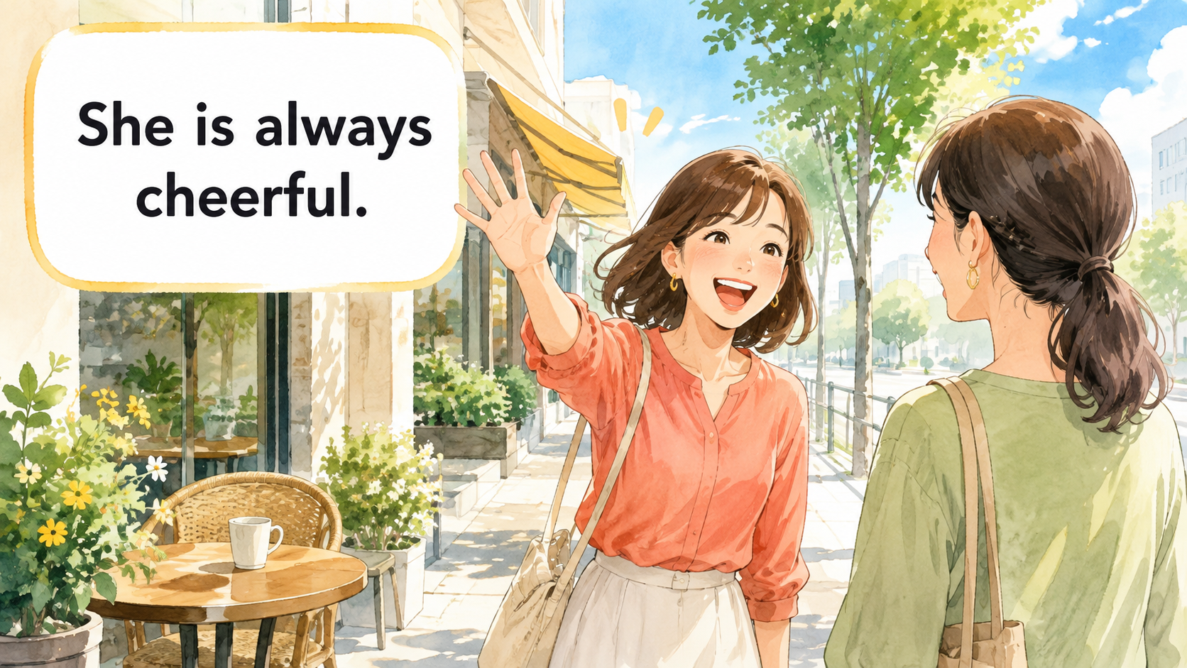 She is always cheerful.で明朗快活を説明するイラスト