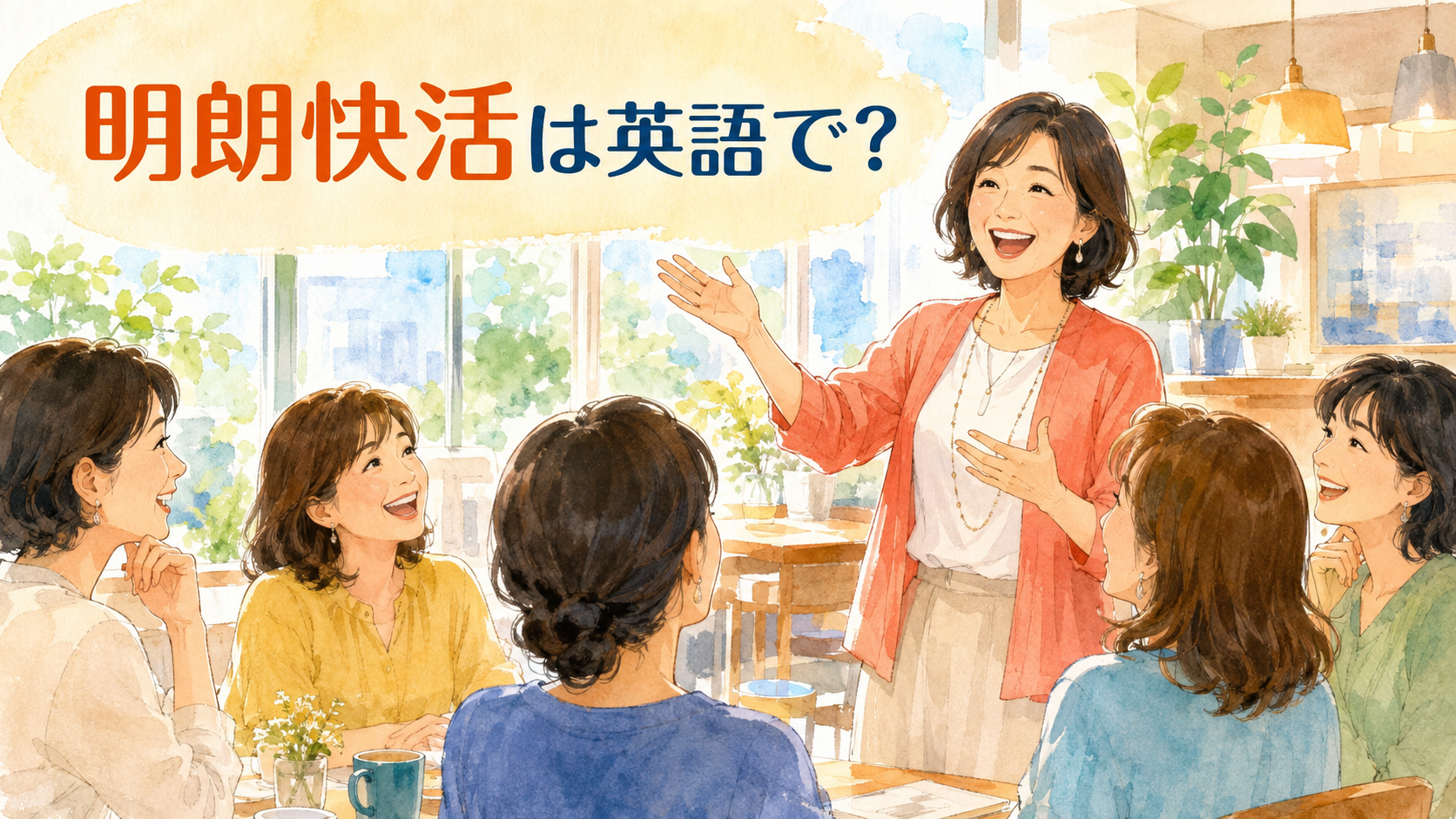 明朗快活を表す、明るく元気に仲間へ話しかける女性