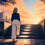 5つの光をたどって階段の一歩目を上る架空の女性
