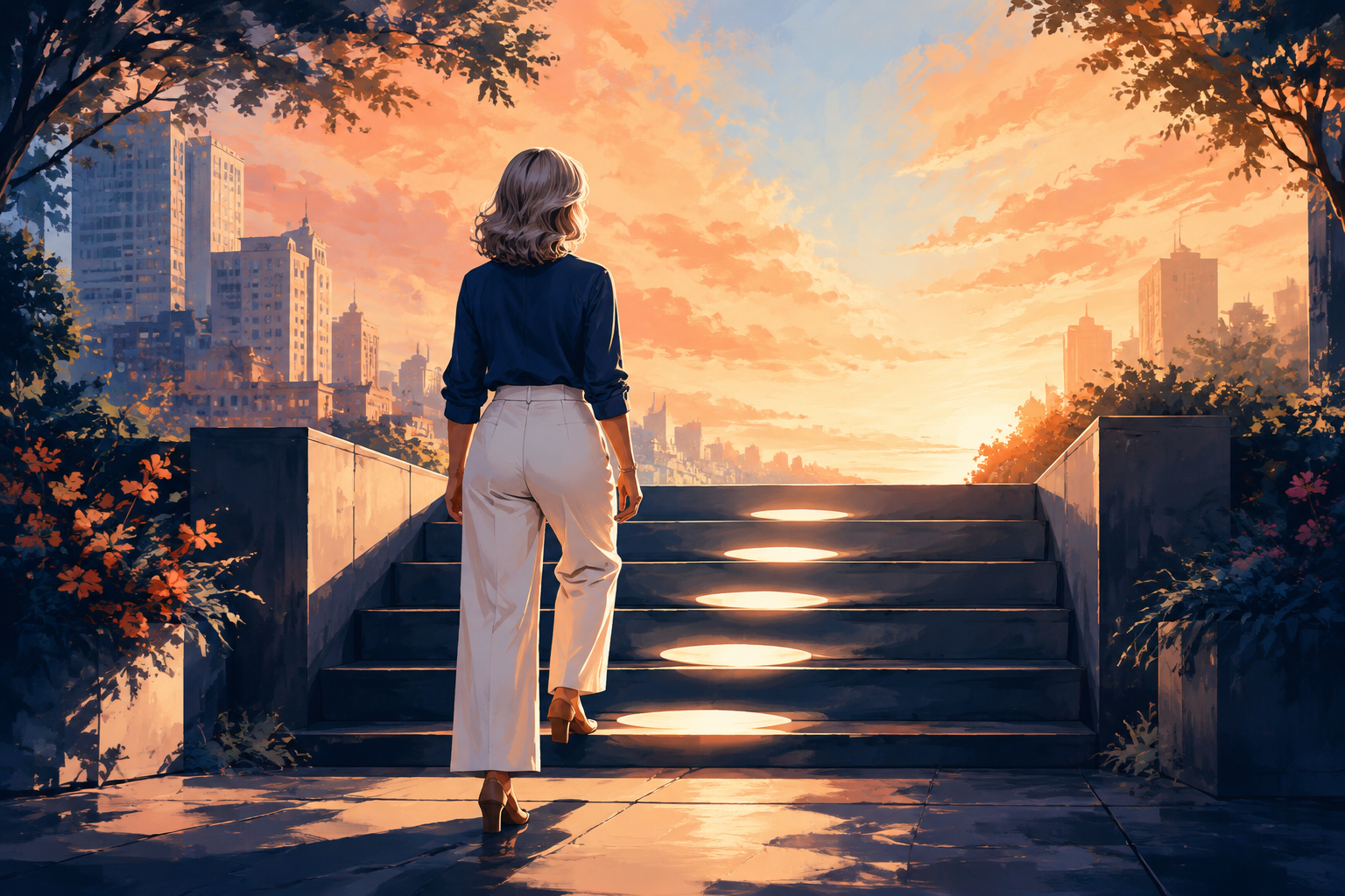 5つの光をたどって階段の一歩目を上る架空の女性