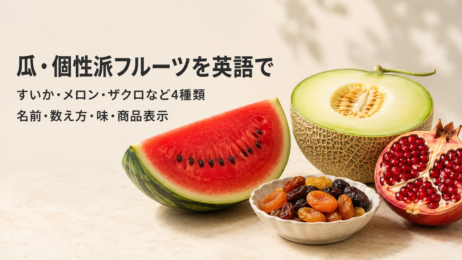 すいか・メロン・ザクロ・ドライフルーツの英語名・数え方・味・商品表示を紹介する画像