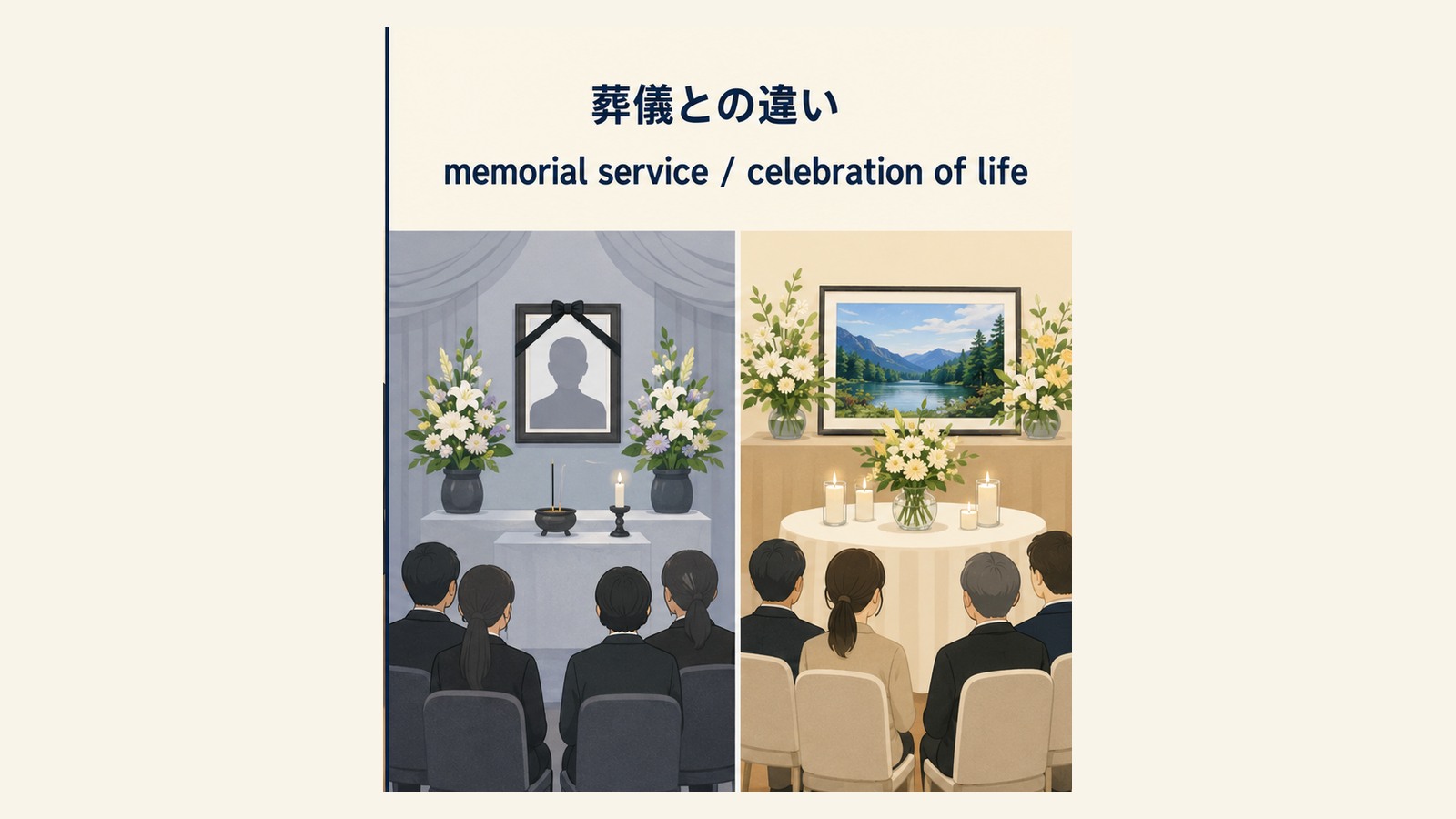 お別れ会・偲ぶ会の英語表現と文化差を説明するイラスト