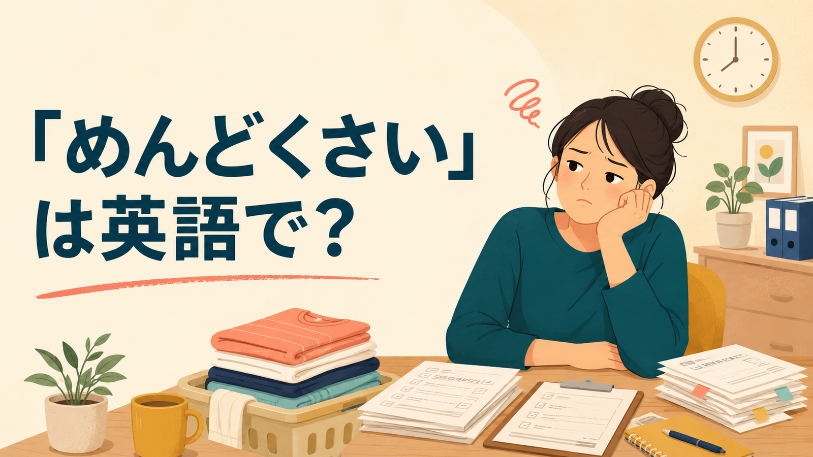 「めんどくさい」は英語で？と考える女性のイラスト