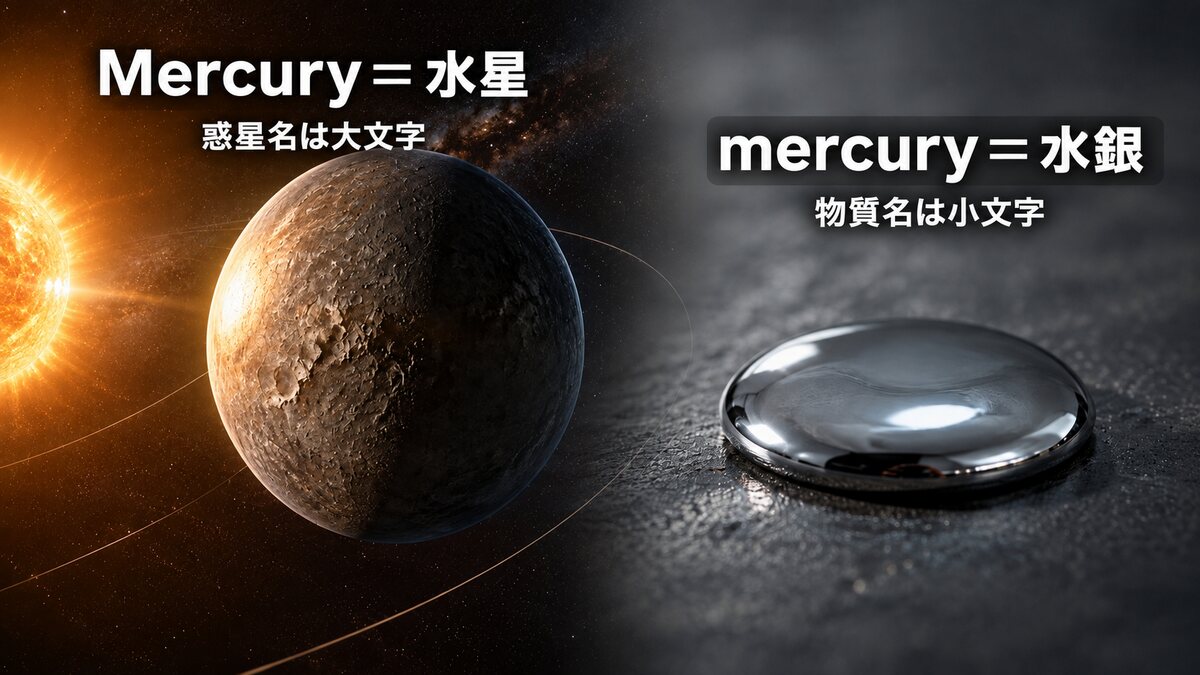 惑星の水星と銀色の水銀を対比したMercuryのイメージ図