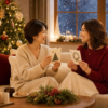 クリスマスカードを手に英語で会話する大人の女性たち