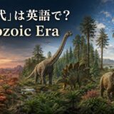 中生代は英語でMesozoic Eraと表すことを示す三畳紀・ジュラ紀・白亜紀の風景