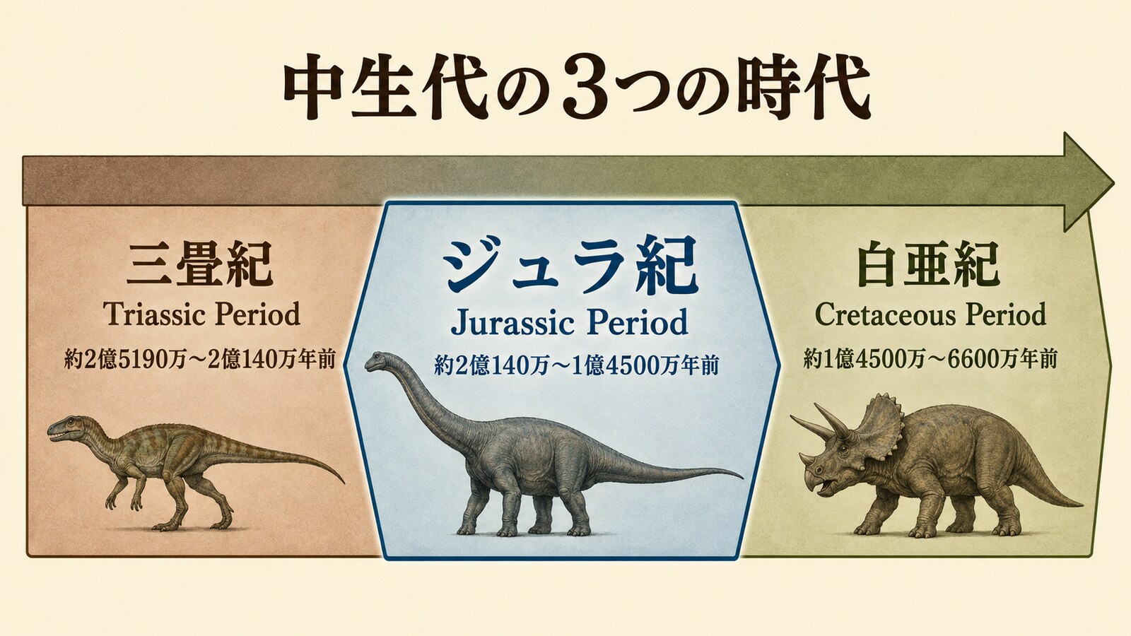 三畳紀・ジュラ紀・白亜紀の年代と英語名を示す中生代のタイムライン