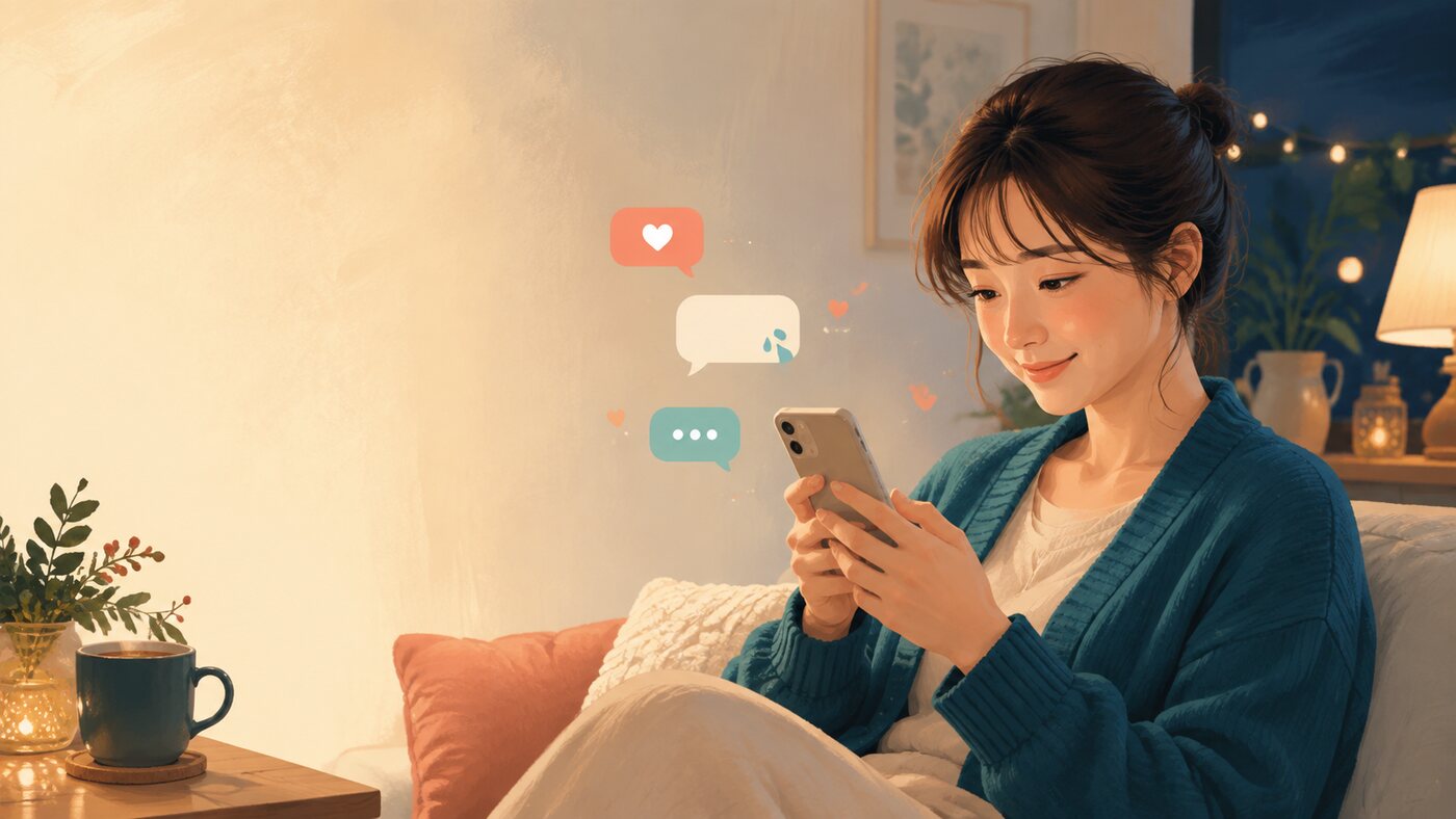 英語でメッセージをやり取りする女性のイラスト