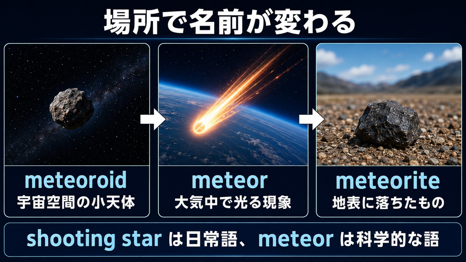 meteoroid、meteor、meteoriteの違いを場所別に示す図解
