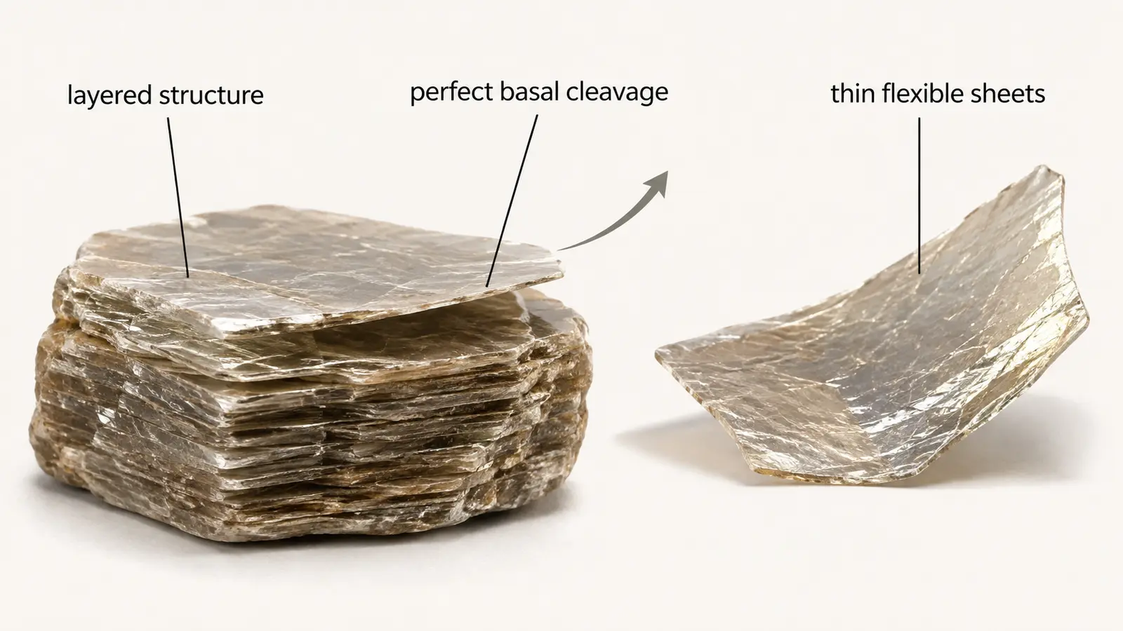 雲母がlayered structureからthin flexible sheetsにはがれる仕組みを示す英語図解