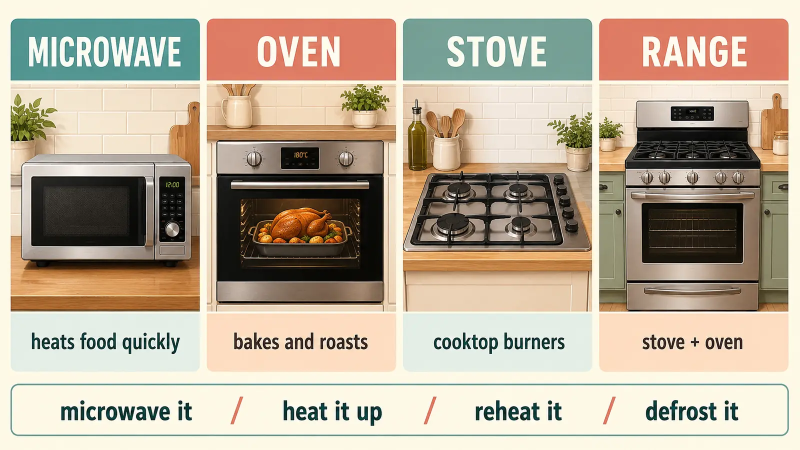 microwave・oven・stove・rangeの違いを示した英語図解