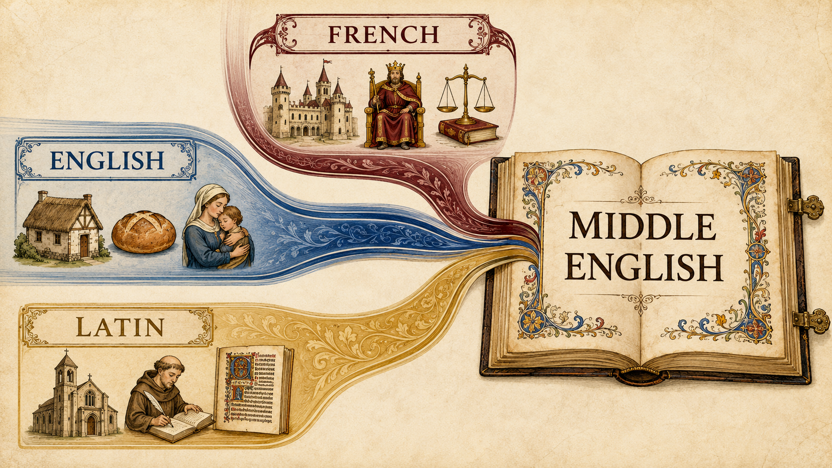 英語・フランス語・ラテン語の三つの流れが中英語へ合流する図
