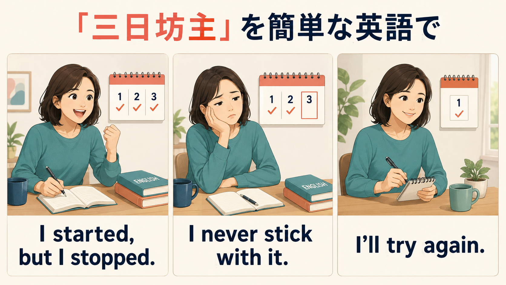 「三日坊主」を簡単な英語で表す3つのフレーズを示したイラスト