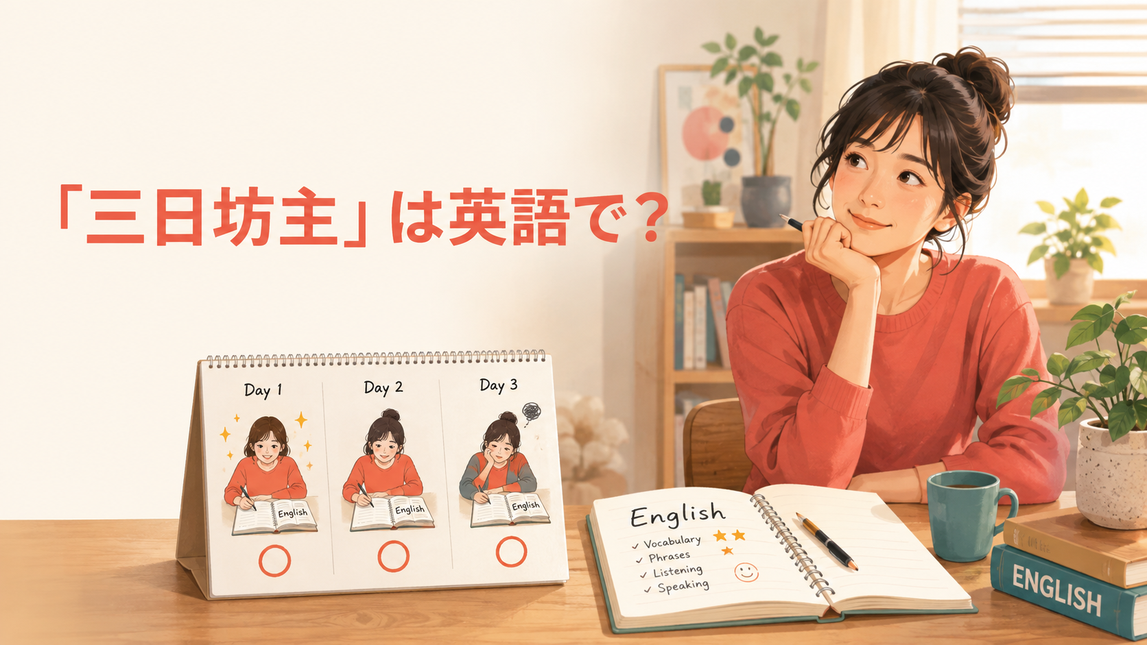 「三日坊主」は英語で?英語学習が3日で止まる様子を描いたイラスト