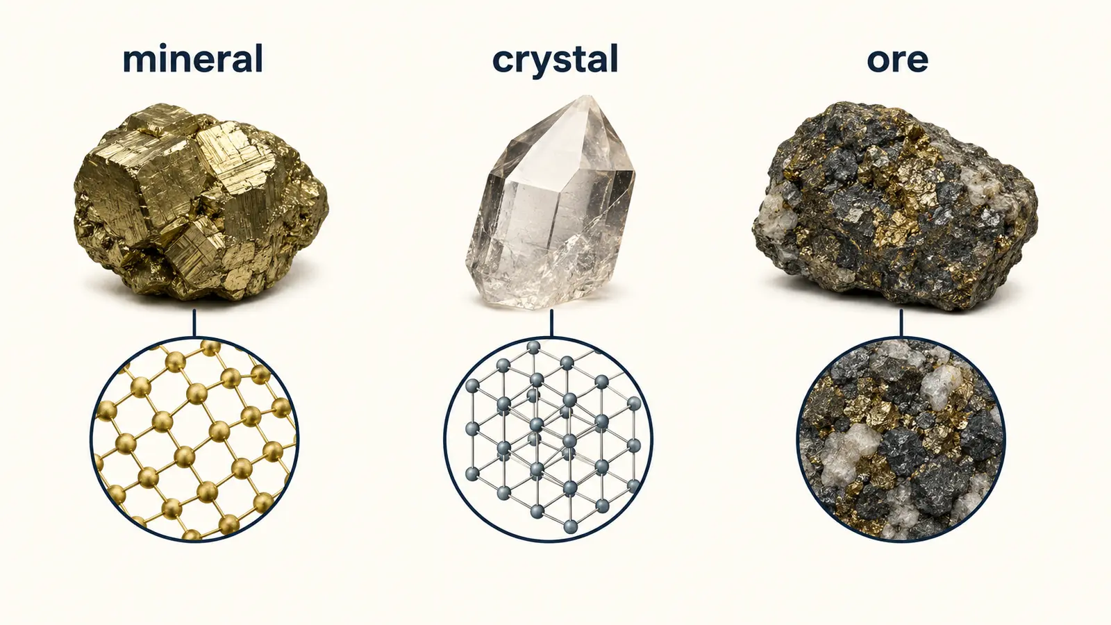 mineral、crystal、oreの違いを比較した解説図