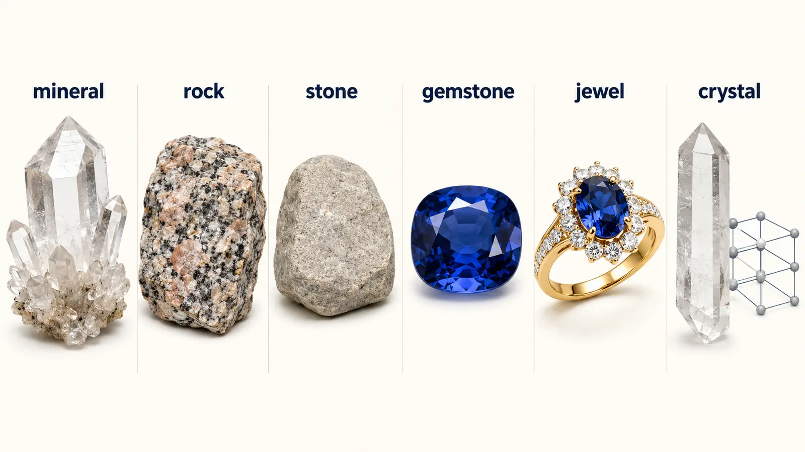 mineral、rock、stone、gemstone、jewel、crystalの違いを比較した解説図