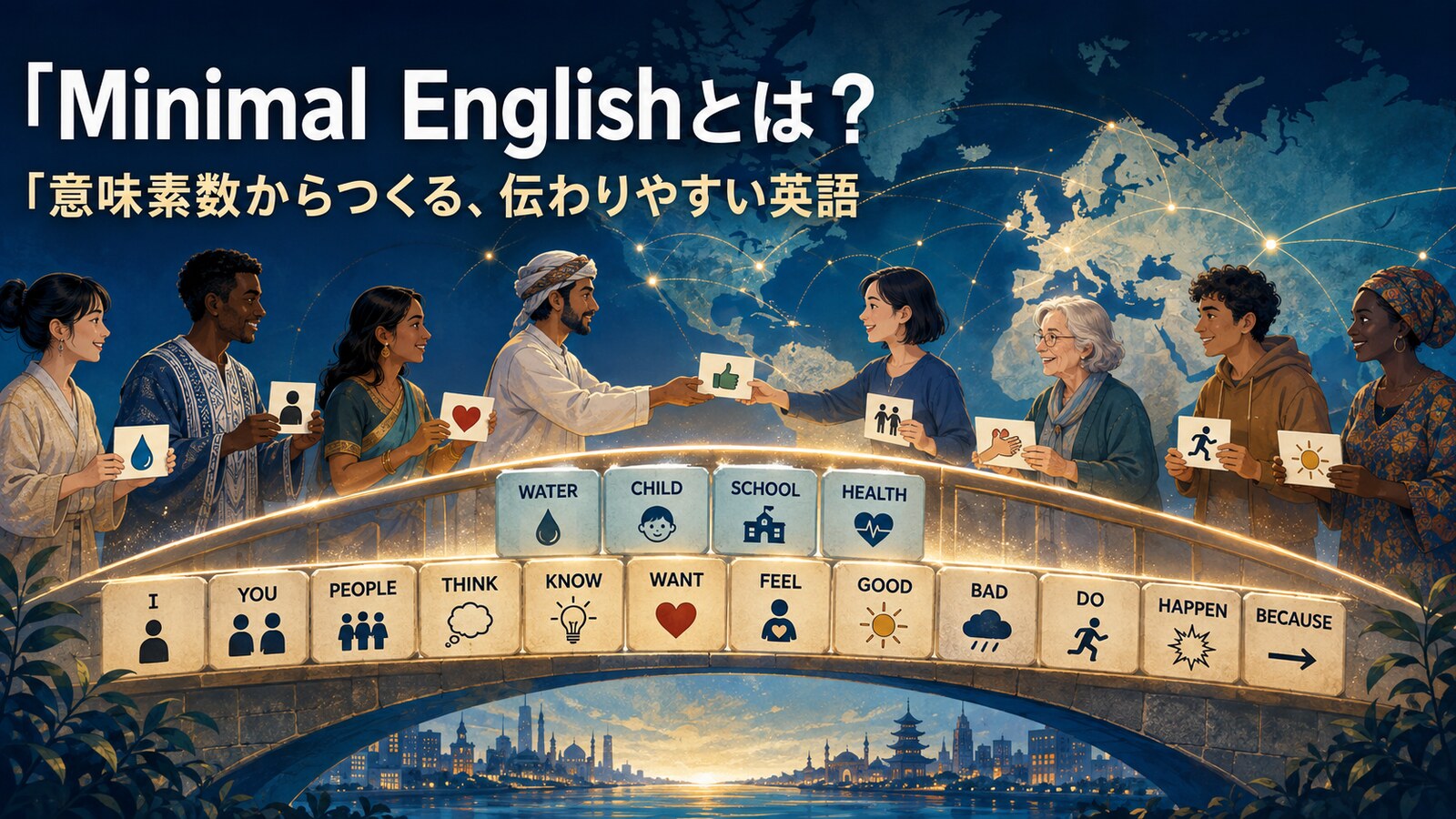 Minimal Englishが意味素数を土台に世界の人々をつなぐイメージ
