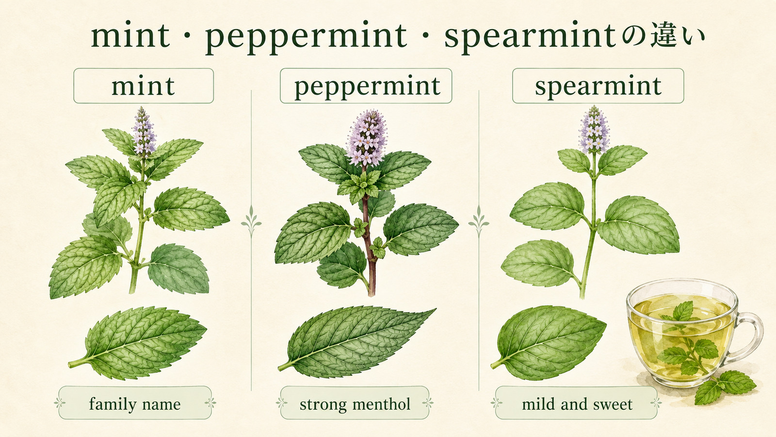mint・peppermint・spearmintの特徴と葉を比較した植物解説イラスト
