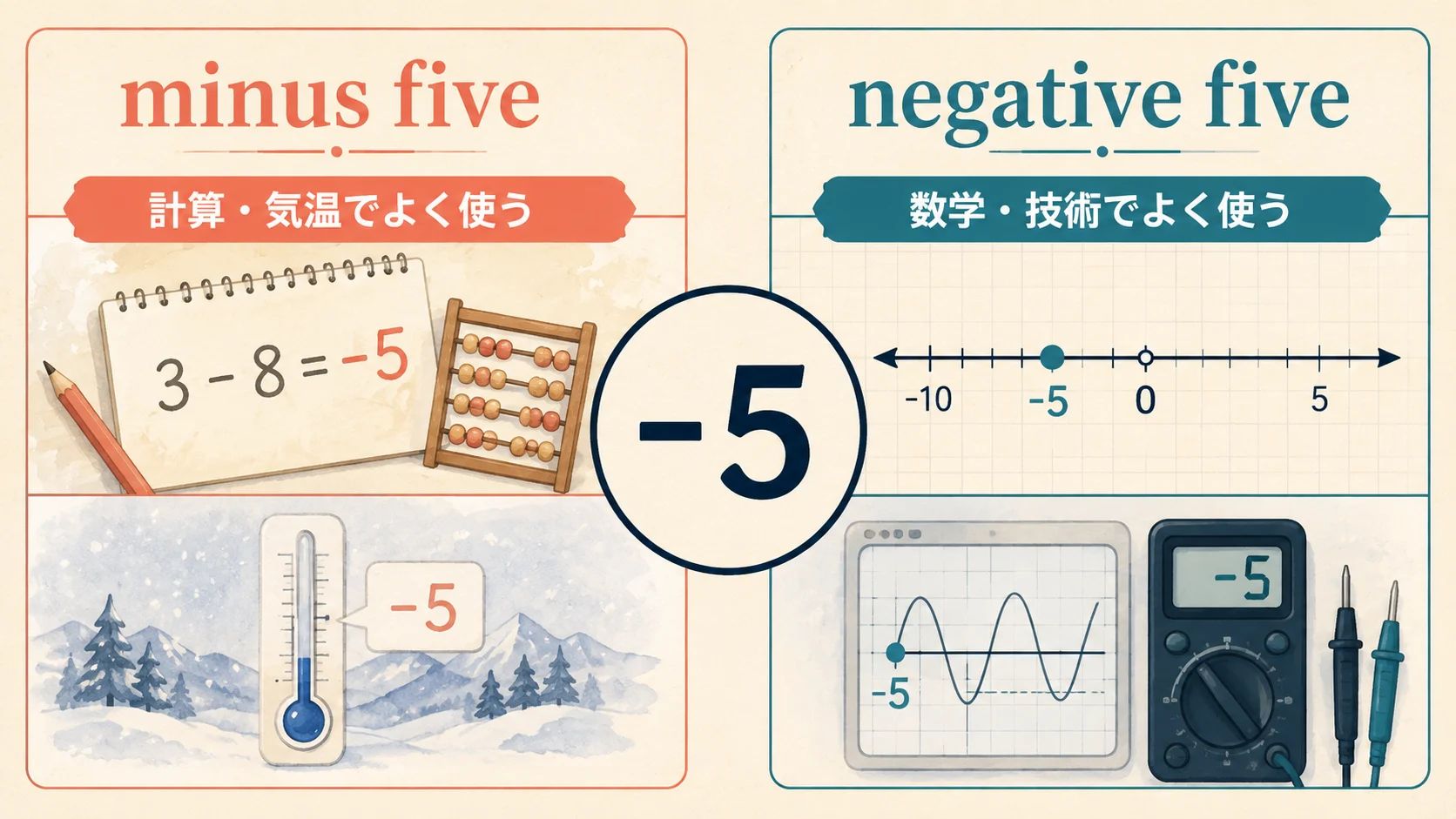 -5をminus fiveとnegative fiveで読む場面の違い