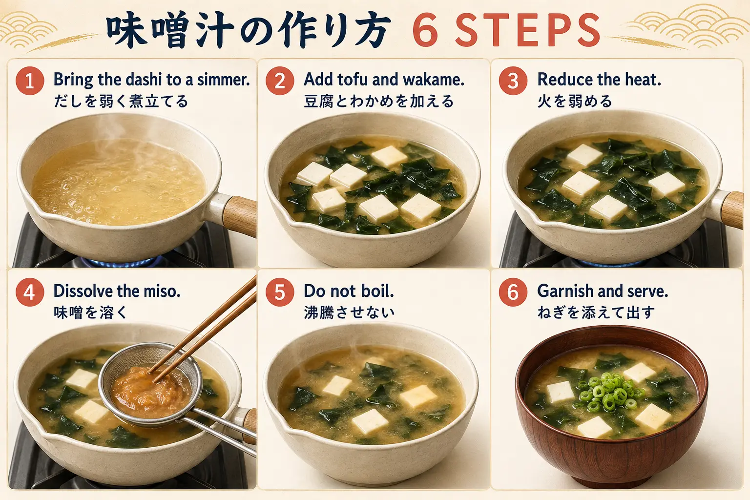 味噌汁の作り方を英語と日本語で説明する6ステップの図解