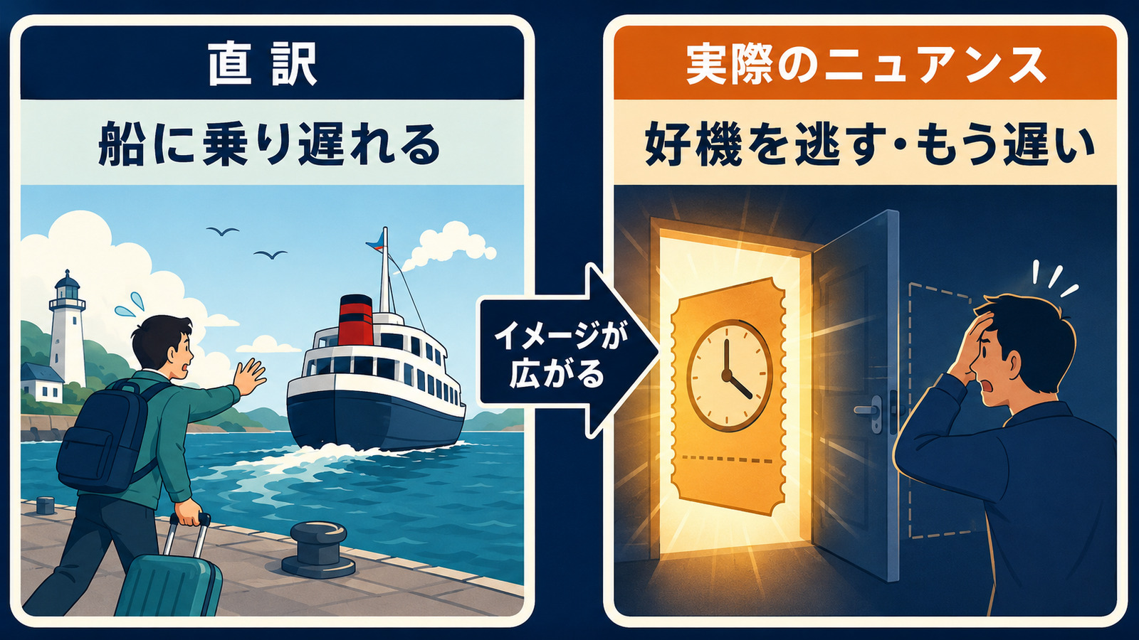 miss the boatの直訳「船に乗り遅れる」から「好機を逃す・もう遅い」へのニュアンスを比較したイラスト