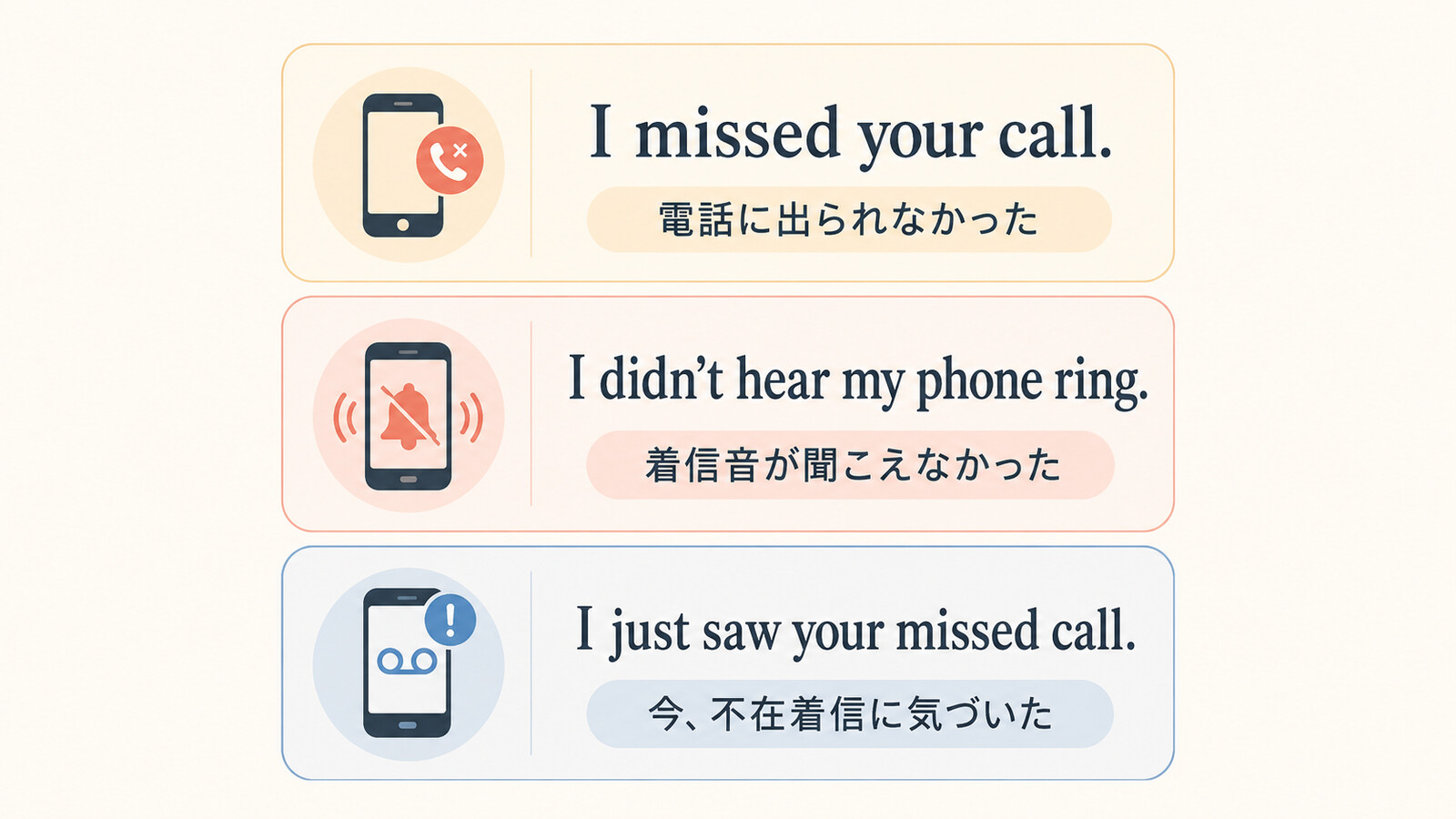 I missed your callとI didn’t hear my phone ringとI just saw your missed callの違い
