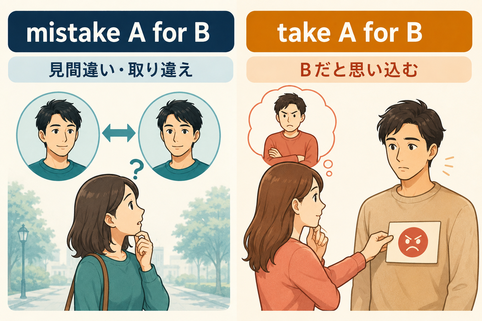 mistake A for Bとtake A for Bのニュアンスを比較したイラスト