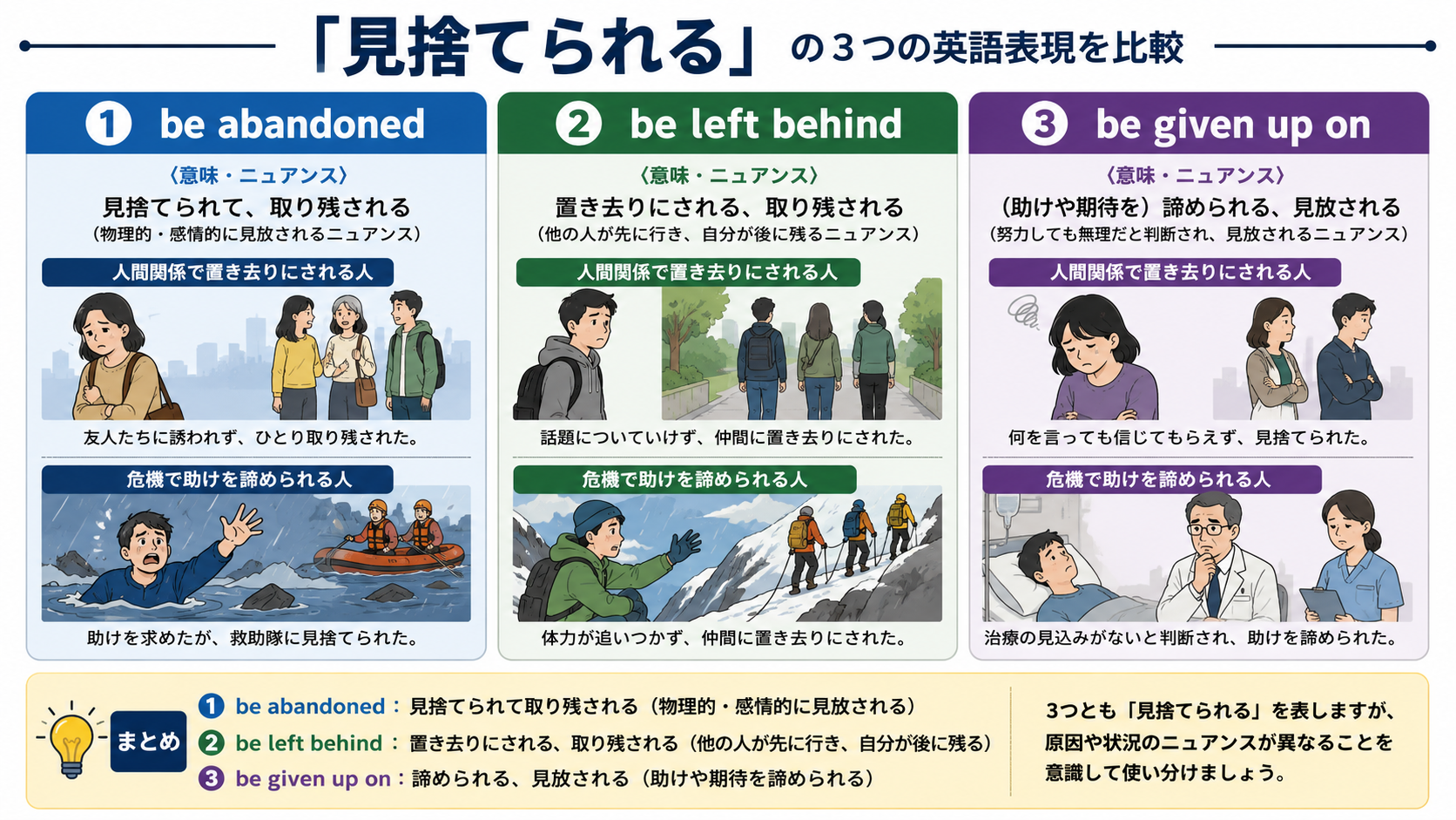 見捨てられるを表すbe abandoned・be left behind・be given up onの使い分け図