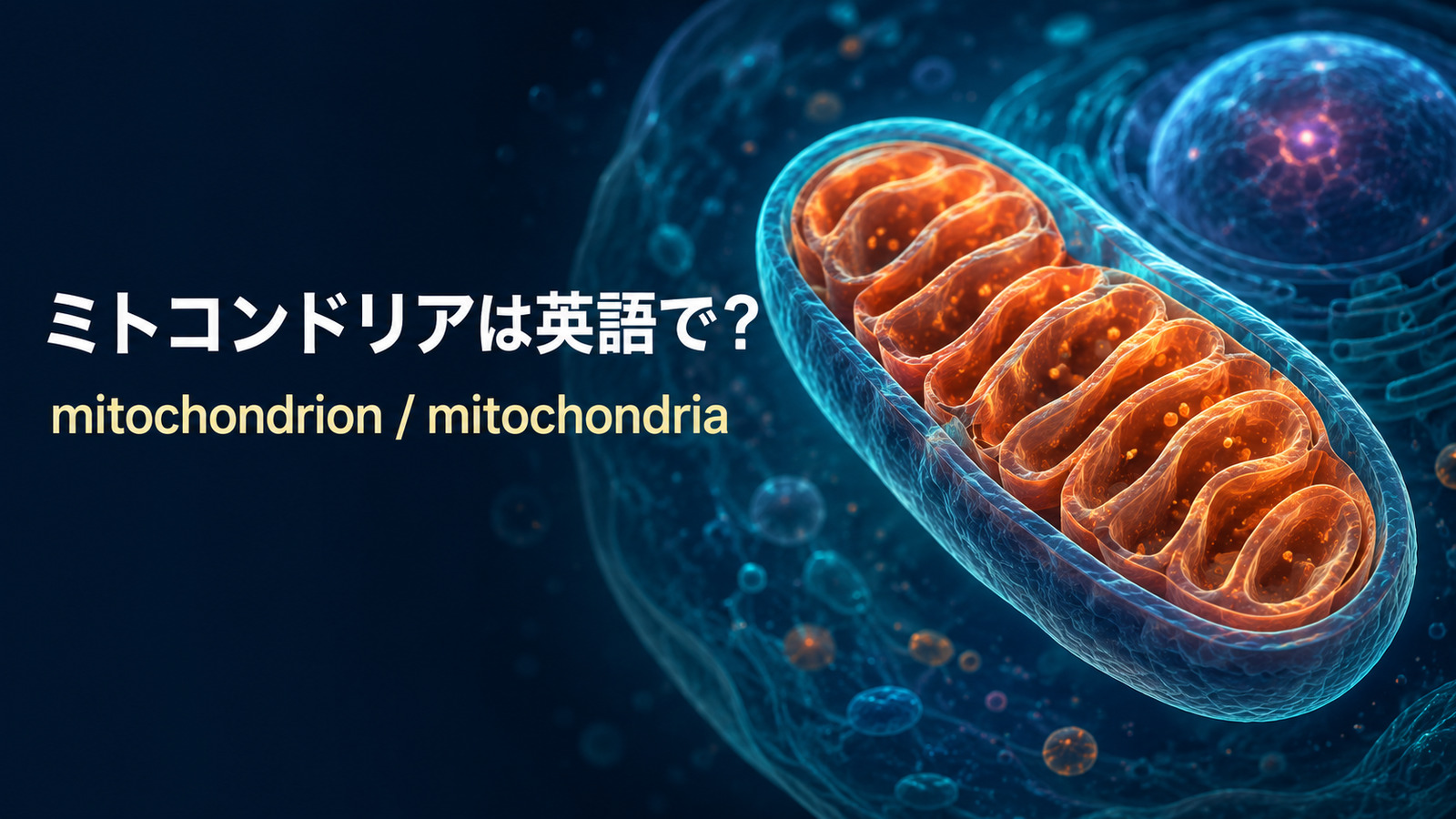 ミトコンドリアは英語でmitochondrion、複数形はmitochondriaと示したアイキャッチ画像