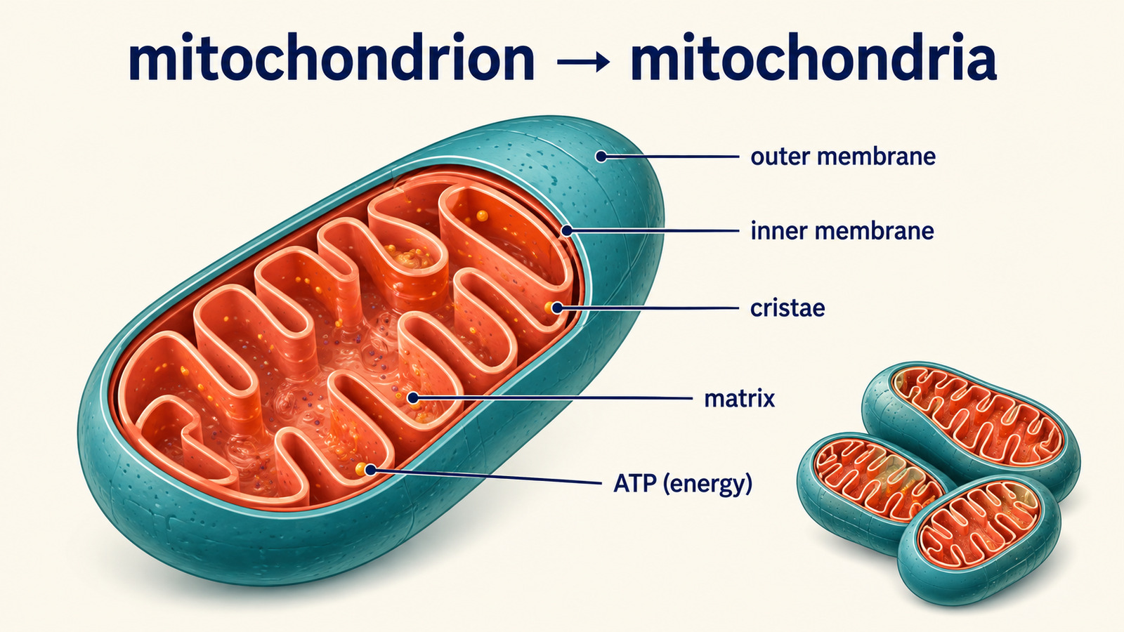 mitochondrionの単数形とmitochondriaの複数形、outer membrane・inner membrane・cristae・matrix・ATPを示した英語図解