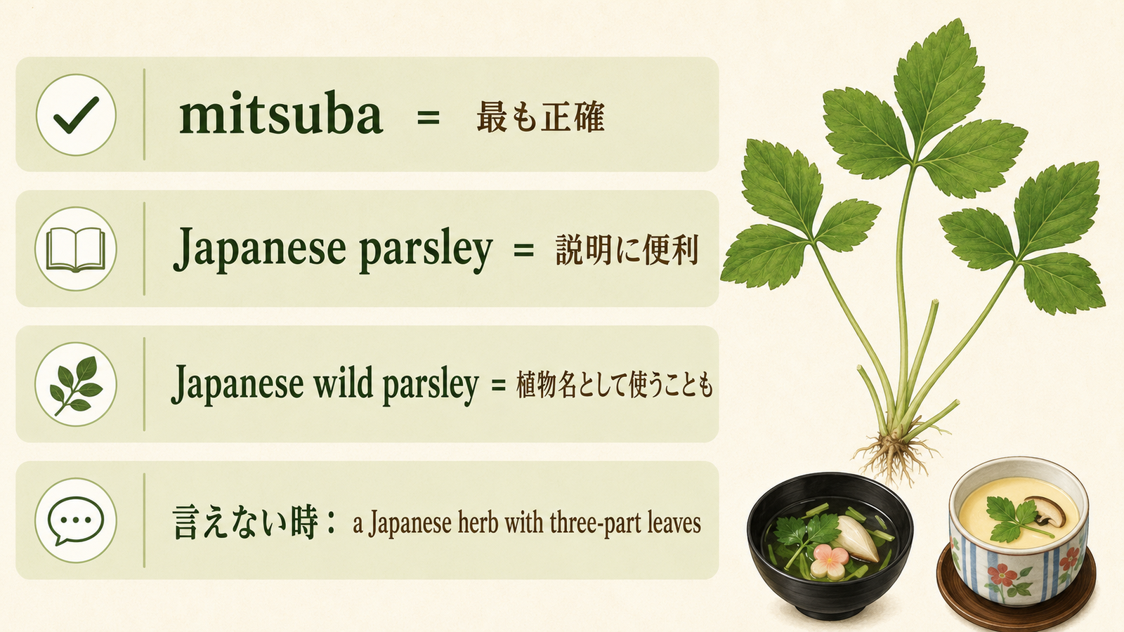 三つ葉の英語表現mitsuba・Japanese parsley・Japanese wild parsleyとパラフレーズの比較図